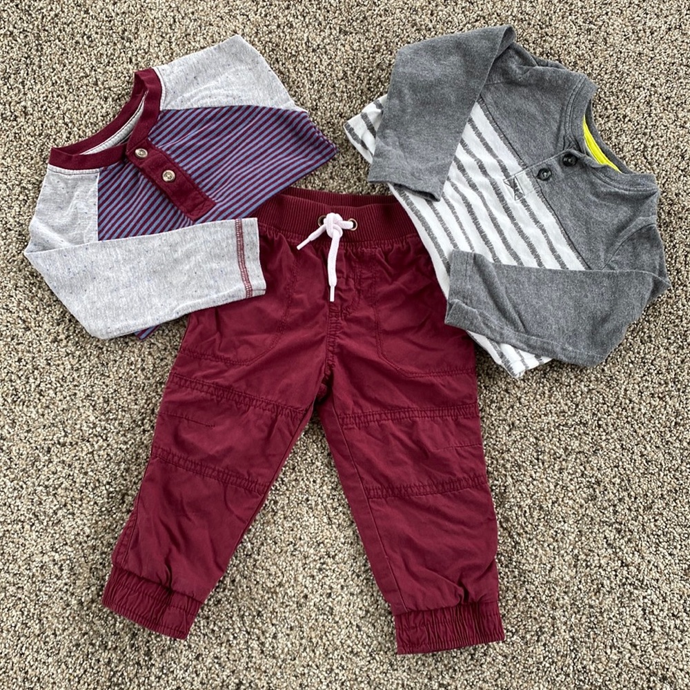 12 month boys Maroon joggers and Henley outfit